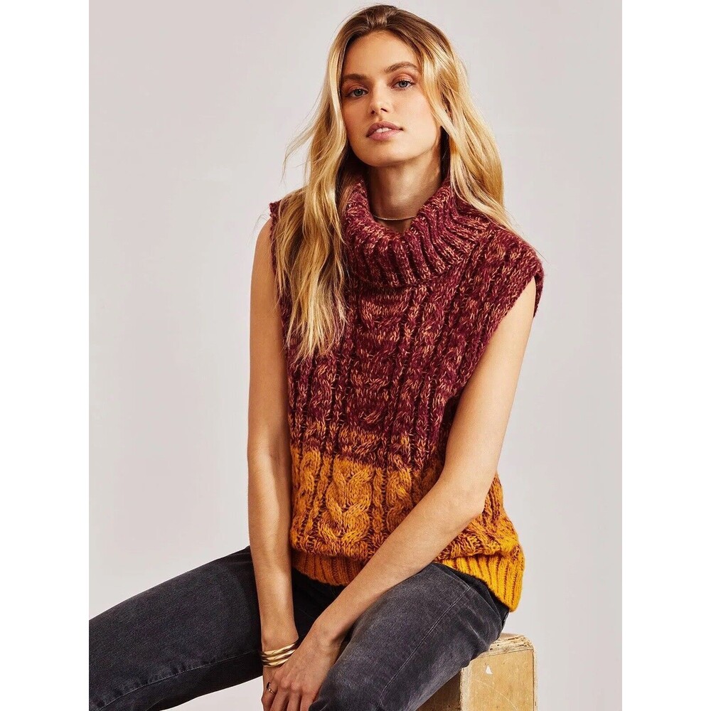 525 America Women Sweater Sleeveless Large‎ Ombre Turtleneck cable knit
